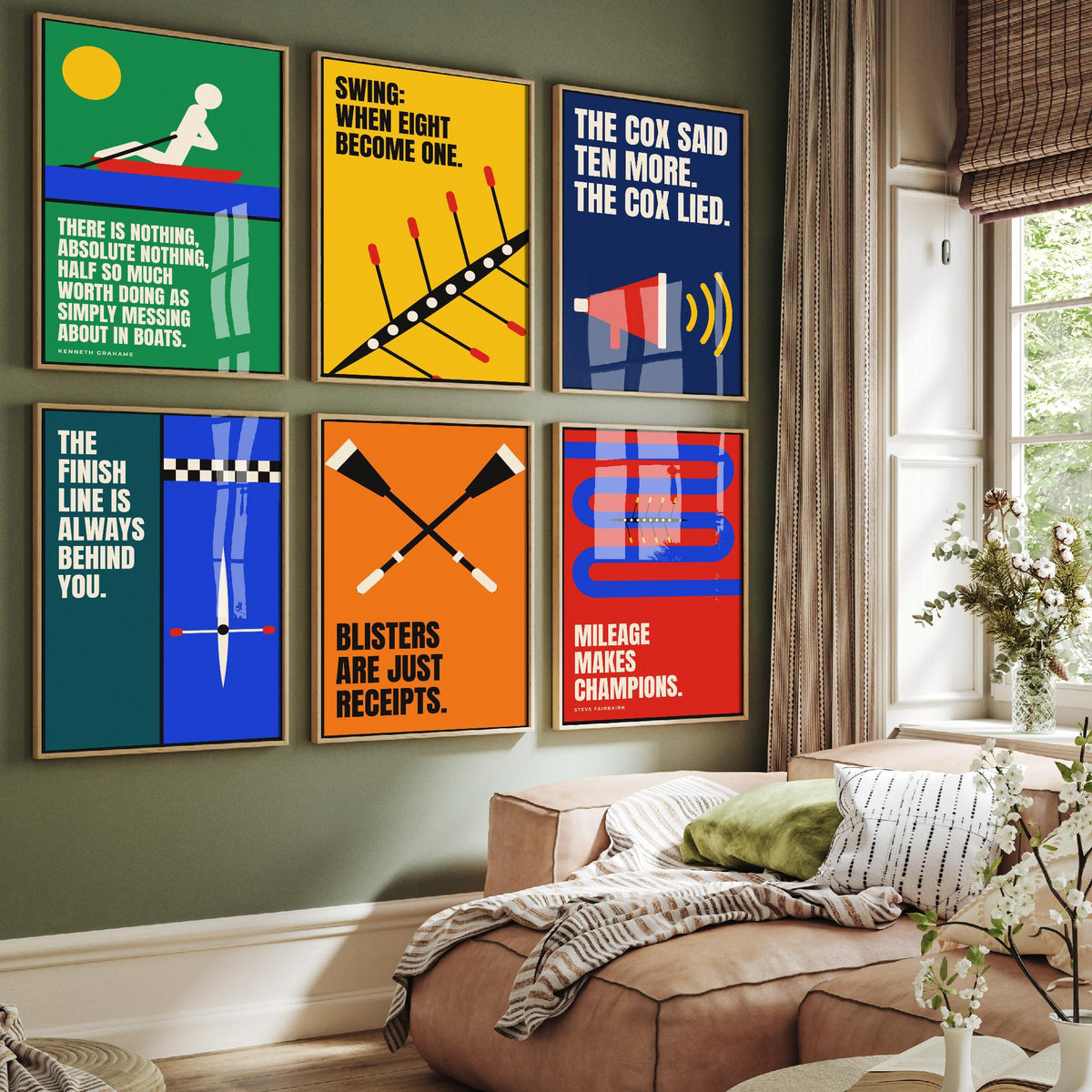 Set of Six Rowing Quote Art Prints - 6 Bauhaus Rower Posters - Minimalist Sport Illustration - Eight, Oars, River