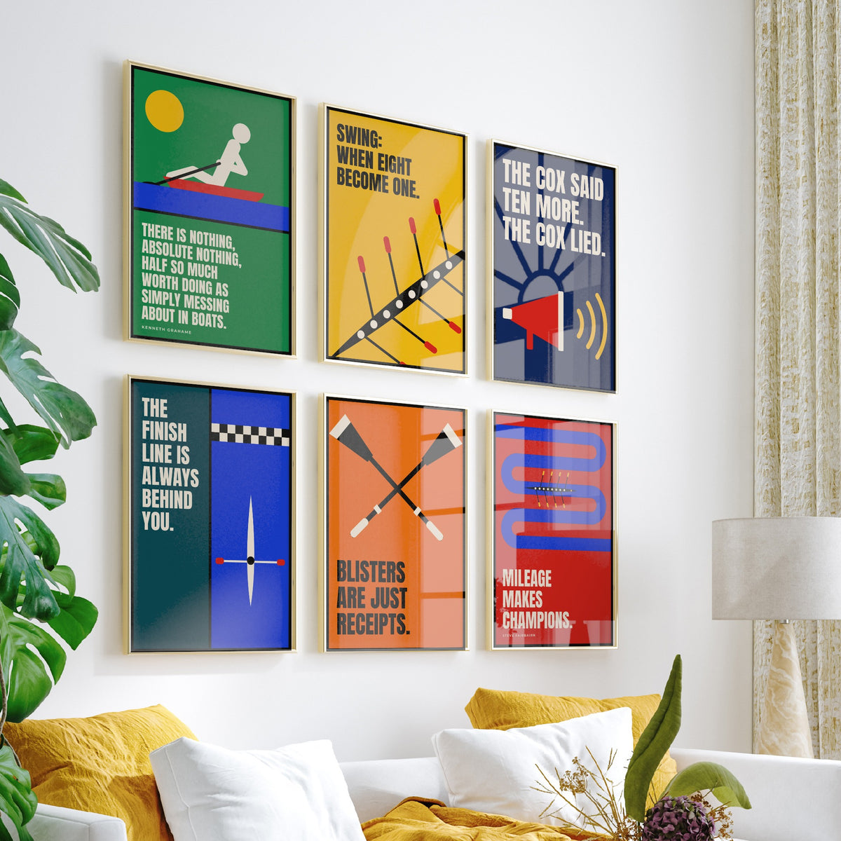Set of Six Rowing Quote Art Prints - 6 Bauhaus Rower Posters - Minimalist Sport Illustration - Eight, Oars, River