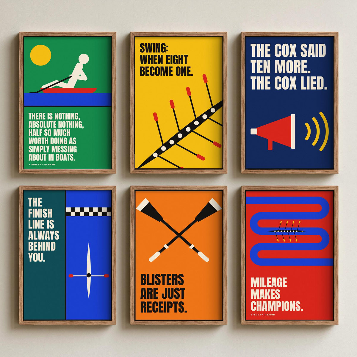 Set of Six Rowing Quote Art Prints - 6 Bauhaus Rower Posters - Minimalist Sport Illustration - Eight, Oars, River