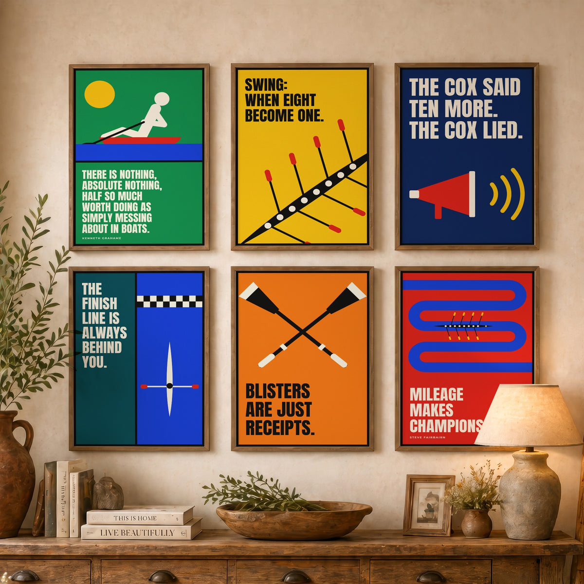Set of Six Rowing Quote Art Prints - 6 Bauhaus Rower Posters - Minimalist Sport Illustration - Eight, Oars, River