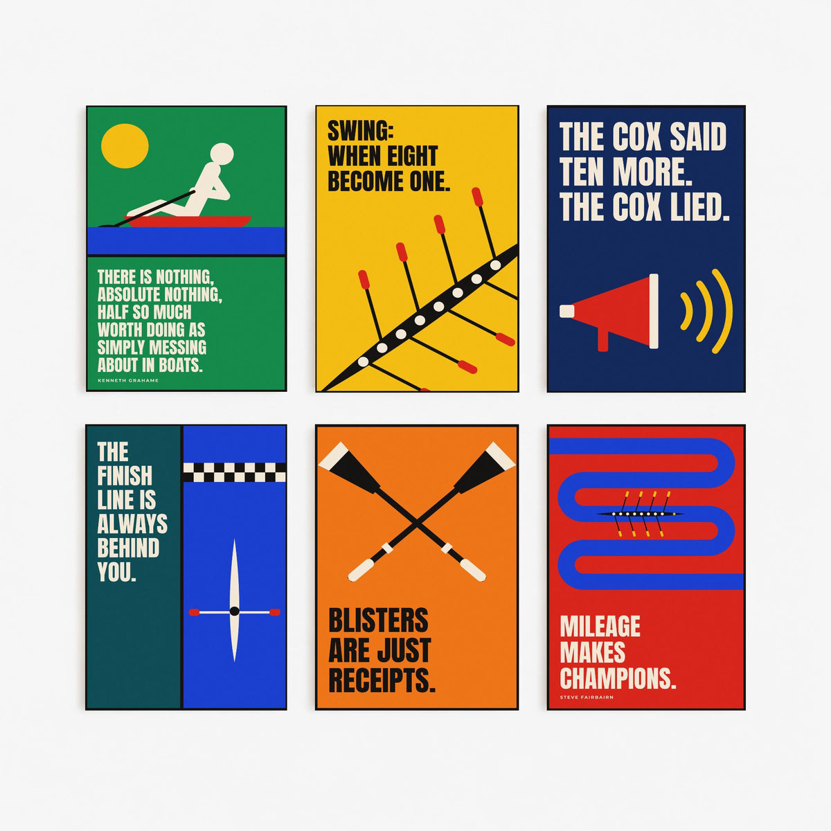 Set of Six Rowing Quote Art Prints - 6 Bauhaus Rower Posters - Minimalist Sport Illustration - Eight, Oars, River
