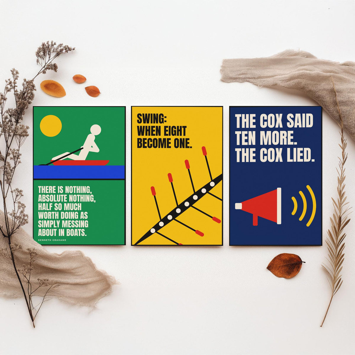 Rowing Quotes Set of Three Art Prints - 3 Bauhaus Rower Posters - Minimalist Sport Wall Art Illustration V1