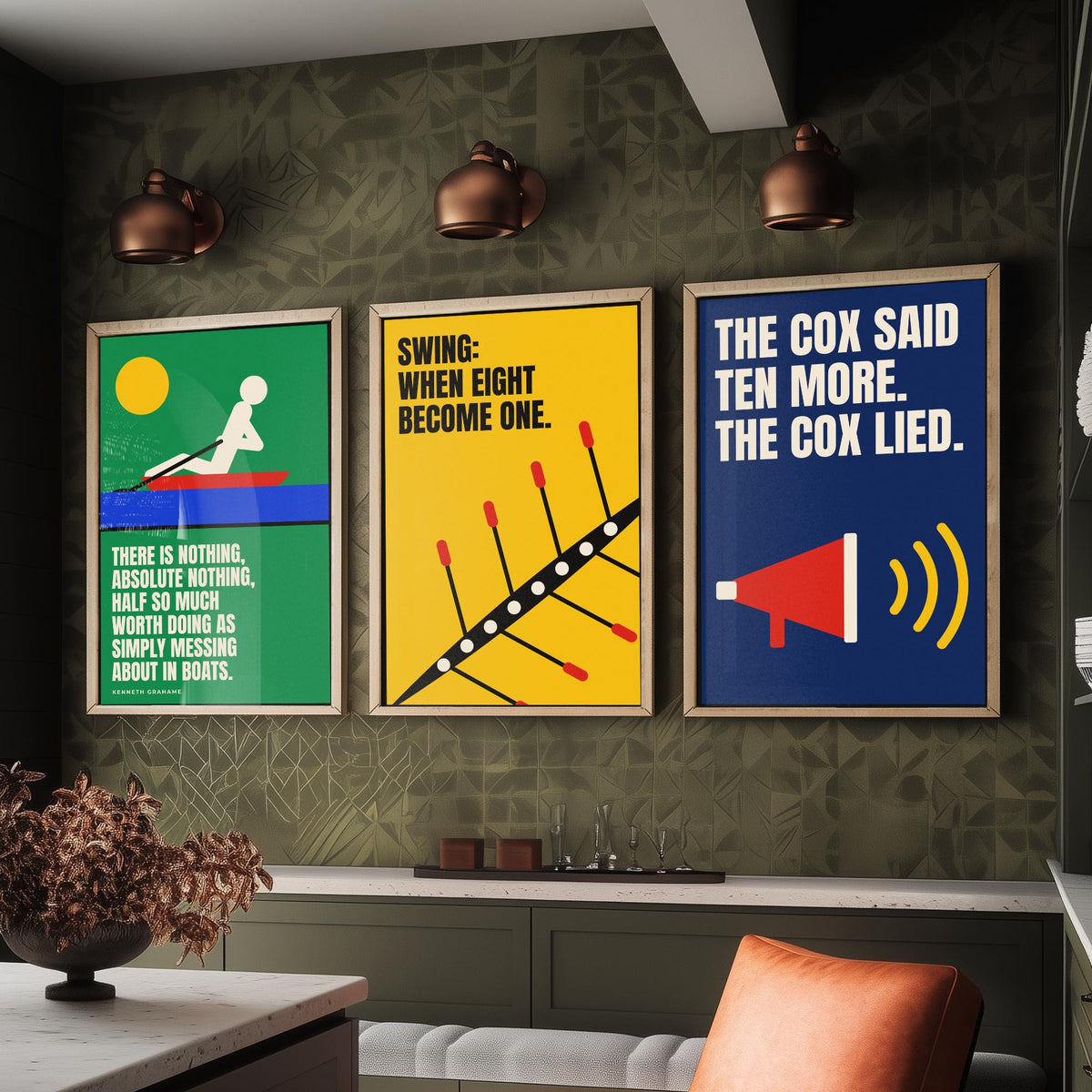 Rowing Quotes Set of Three Art Prints - 3 Bauhaus Rower Posters - Minimalist Sport Wall Art Illustration V1