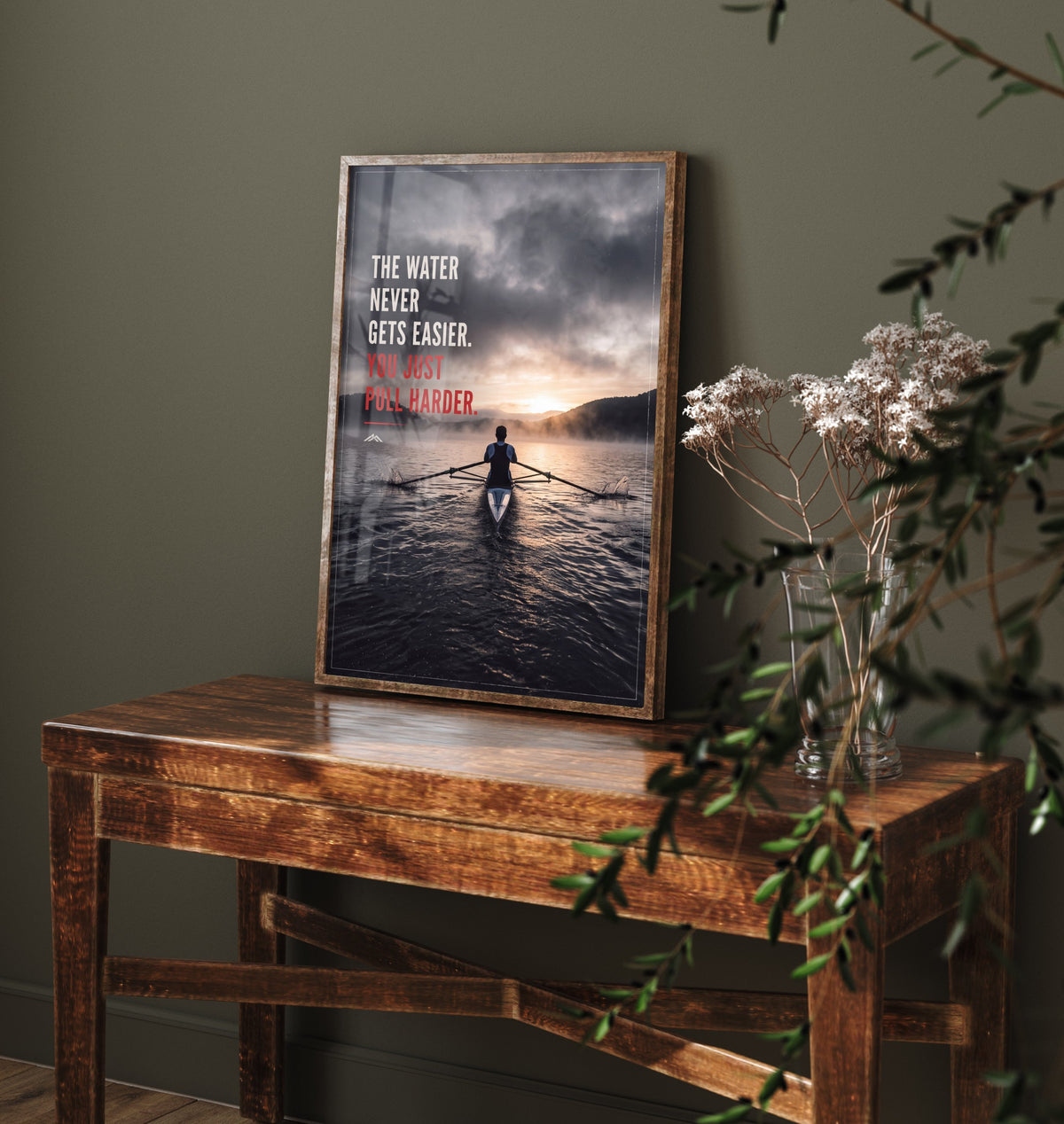 Rowing Motivational Poster - The Water Never Gets Easier You Just Pull Harder - Misty Dawn Sculling Photo Art Print - Rower Quote 1/3