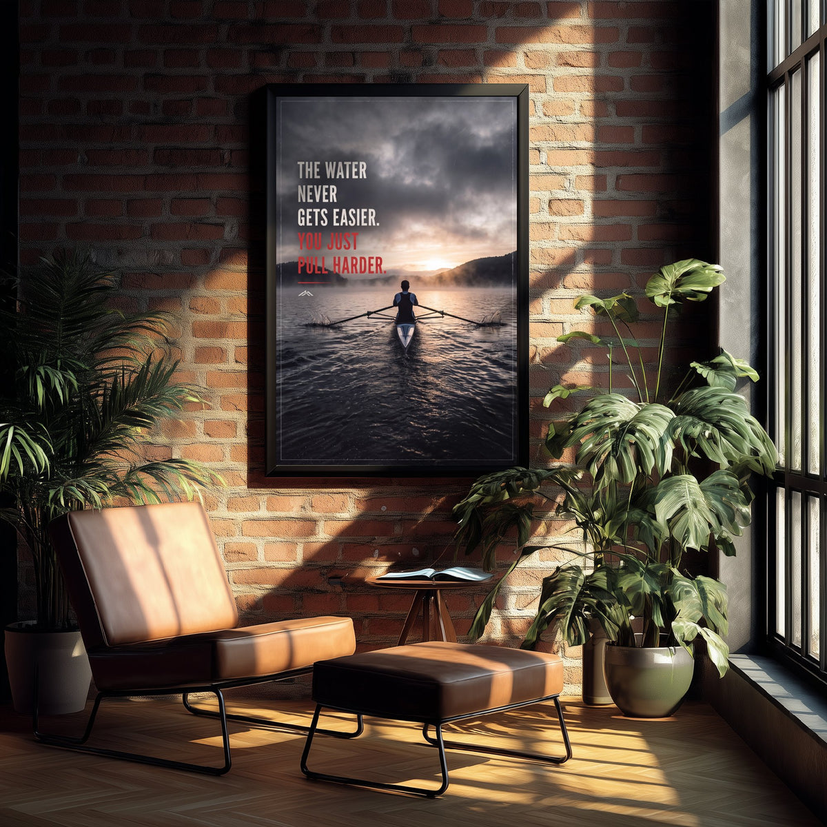 Rowing Motivational Poster - The Water Never Gets Easier You Just Pull Harder - Misty Dawn Sculling Photo Art Print - Rower Quote 1/3