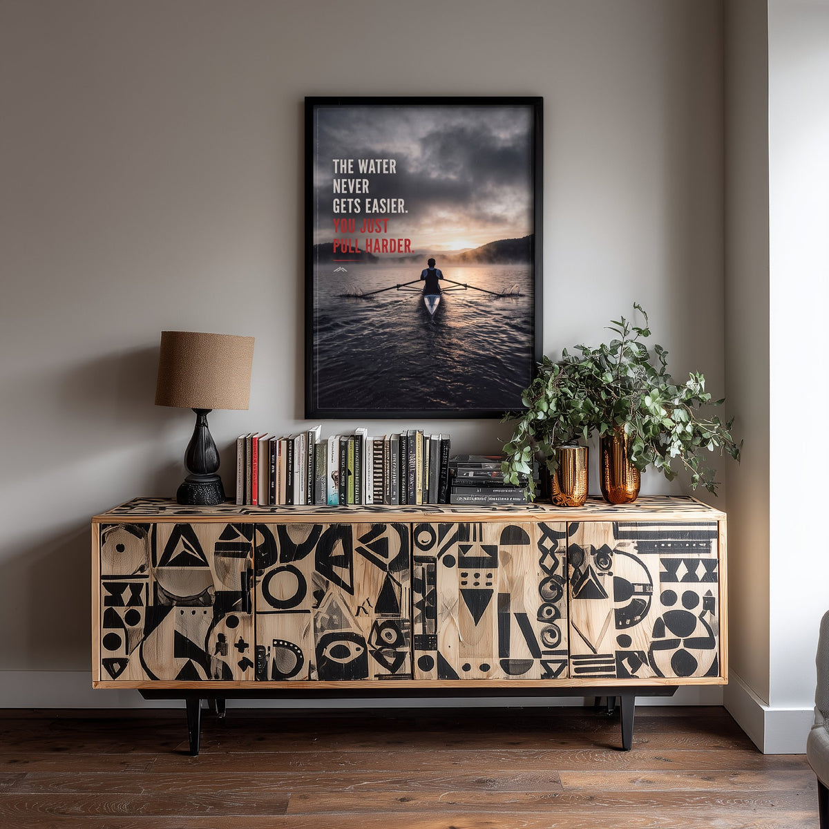 Rowing Motivational Poster - The Water Never Gets Easier You Just Pull Harder - Misty Dawn Sculling Photo Art Print - Rower Quote 1/3