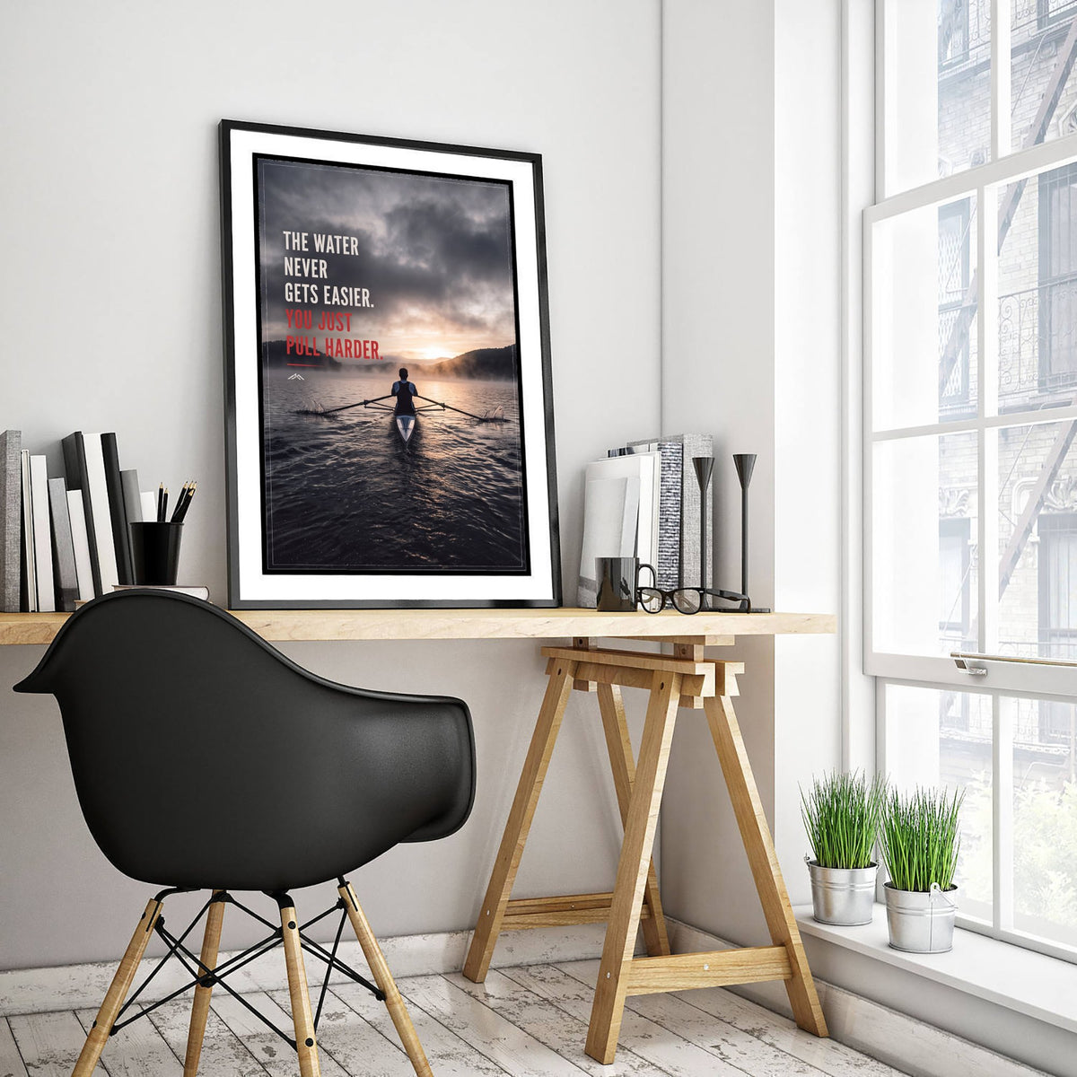 Rowing Motivational Poster - The Water Never Gets Easier You Just Pull Harder - Misty Dawn Sculling Photo Art Print - Rower Quote 1/3