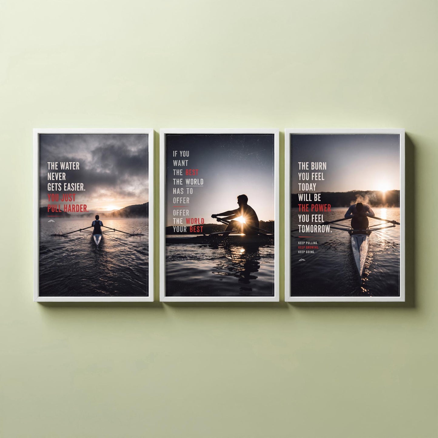 Rowing Motivation Set of Three Prints - 3 Inspirational Quote Posters - Rower Sunrise Photo Wall Art - The Water Never Gets Easier