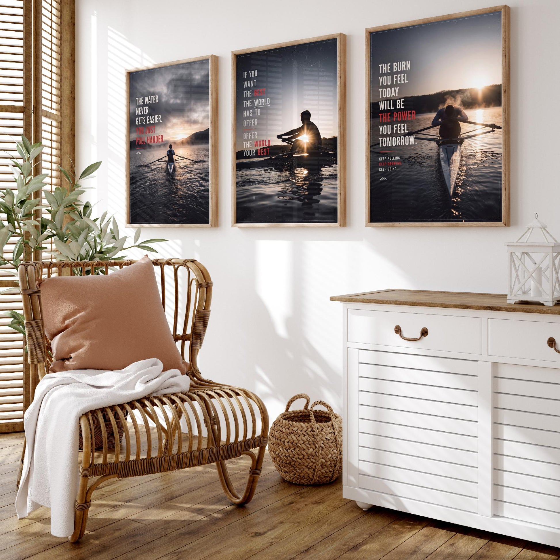 Rowing Motivation Set of Three Prints - 3 Inspirational Quote Posters - Rower Sunrise Photo Wall Art - The Water Never Gets Easier