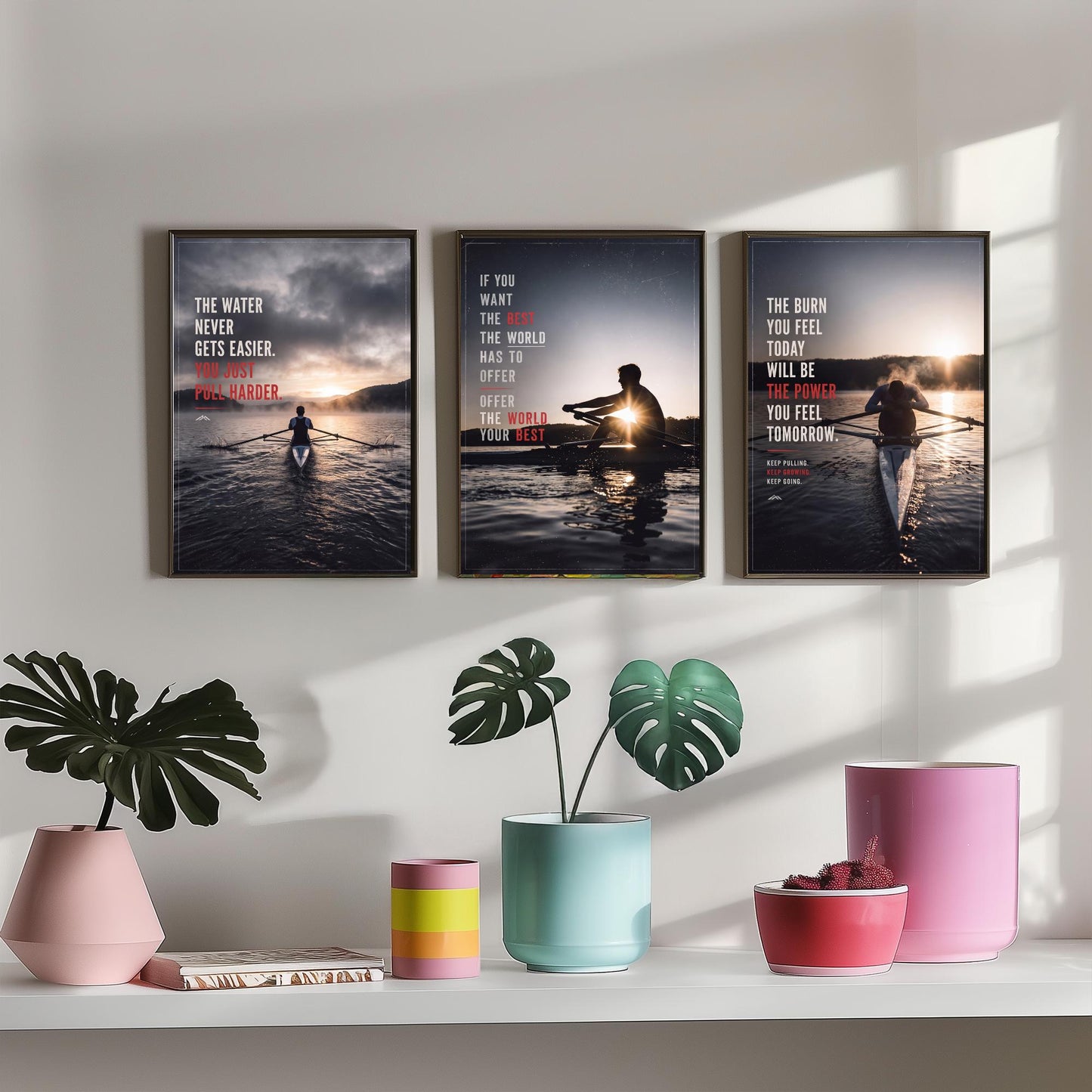Rowing Motivation Set of Three Prints - 3 Inspirational Quote Posters - Rower Sunrise Photo Wall Art - The Water Never Gets Easier