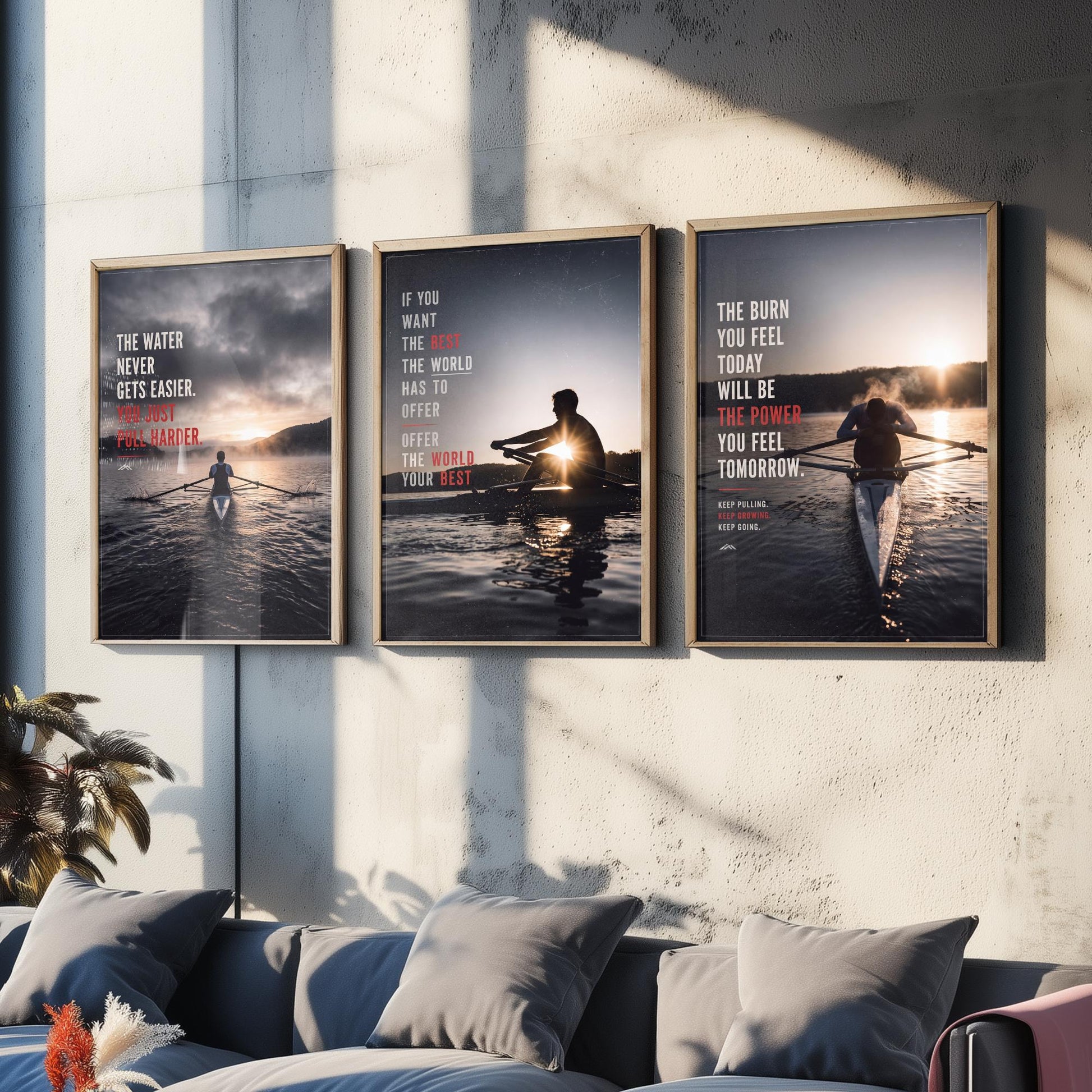 Rowing Motivation Set of Three Prints - 3 Inspirational Quote Posters - Rower Sunrise Photo Wall Art - The Water Never Gets Easier