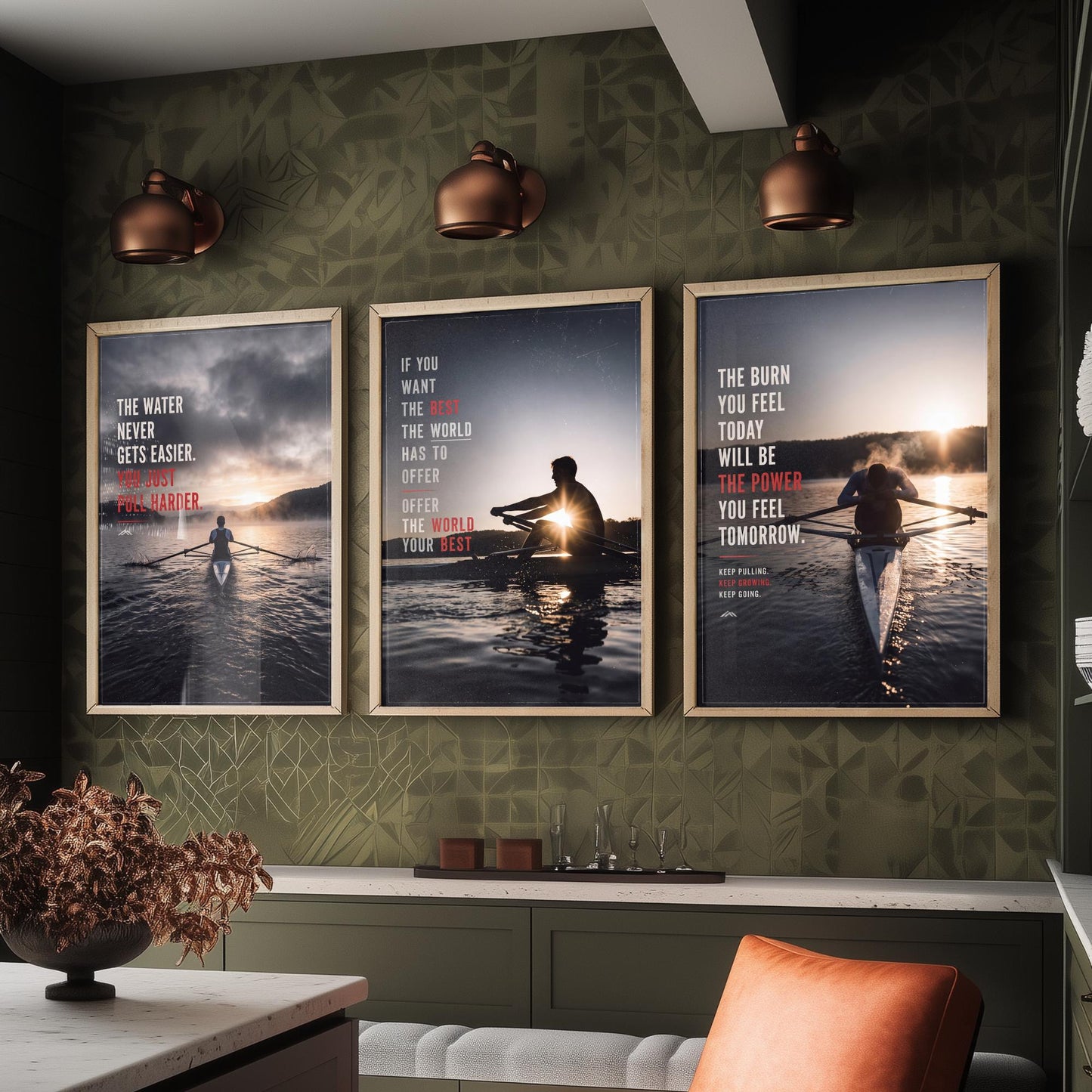 Rowing Motivation Set of Three Prints - 3 Inspirational Quote Posters - Rower Sunrise Photo Wall Art - The Water Never Gets Easier