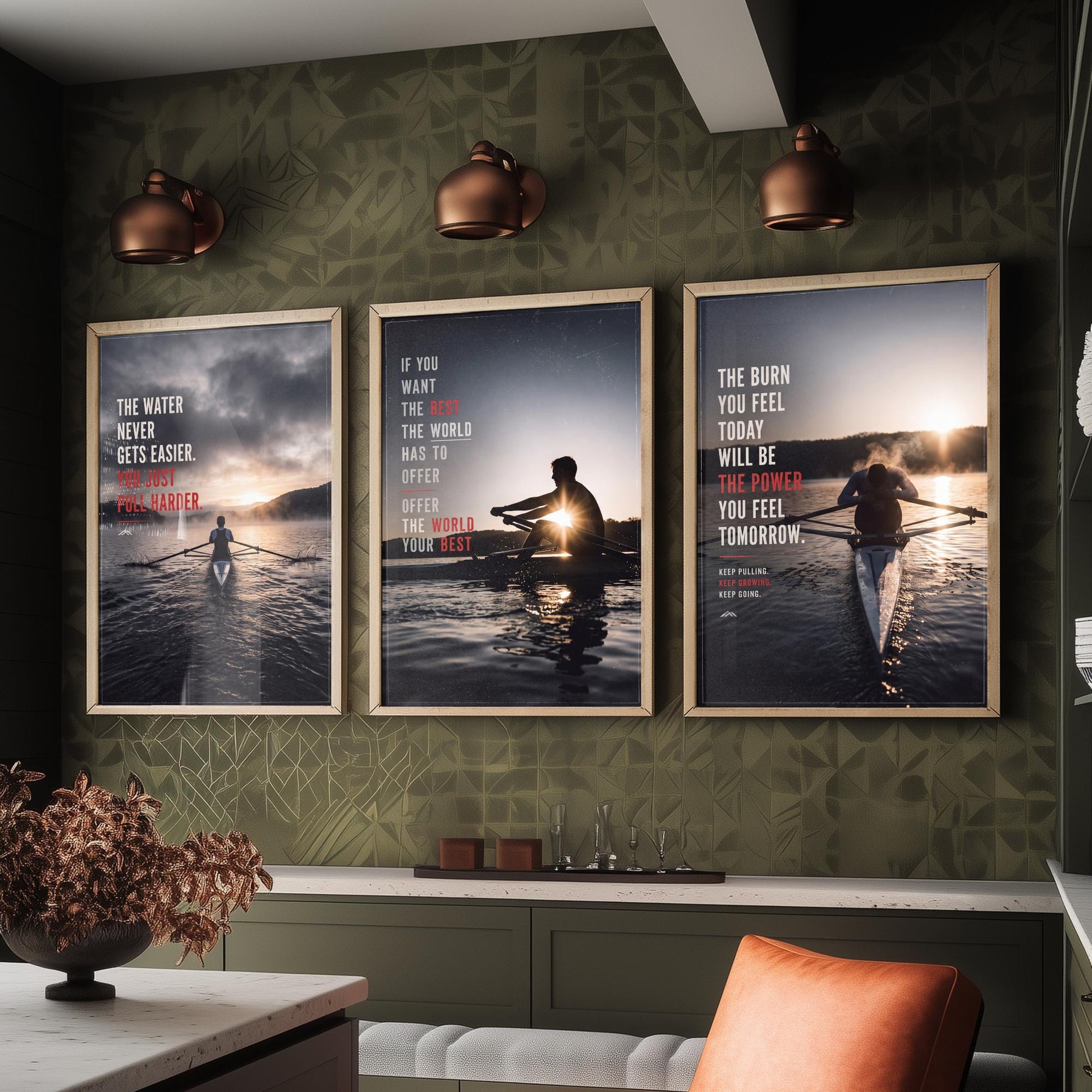 Rowing Motivation Set of Three Prints - 3 Inspirational Quote Posters - Rower Sunrise Photo Wall Art - The Water Never Gets Easier