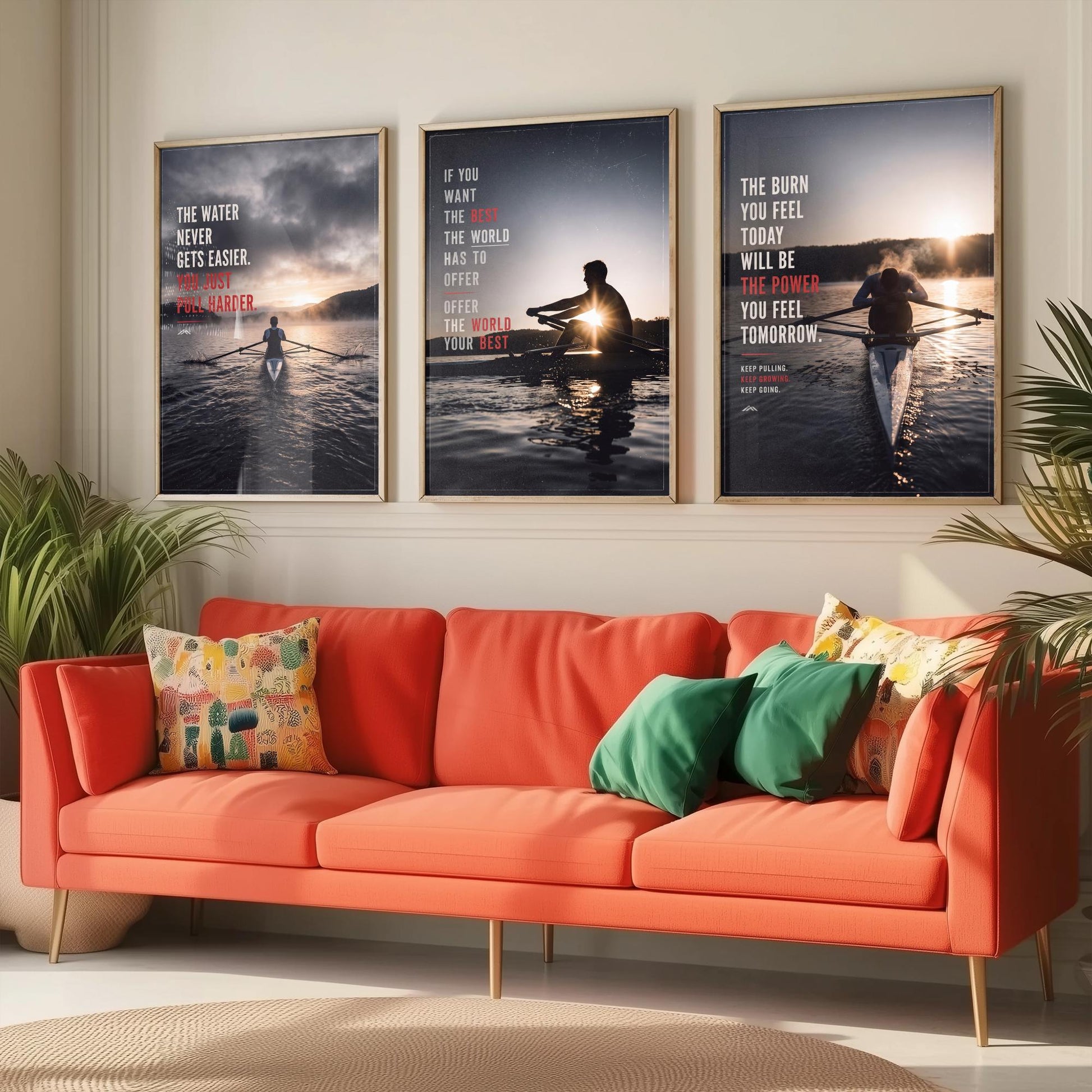 Rowing Motivation Set of Three Prints - 3 Inspirational Quote Posters - Rower Sunrise Photo Wall Art - The Water Never Gets Easier