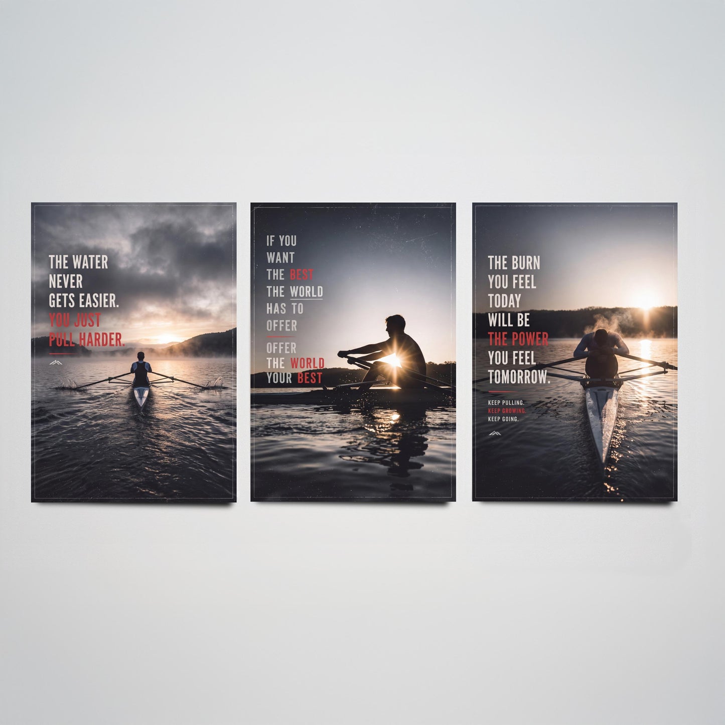 Rowing Motivation Set of Three Prints - 3 Inspirational Quote Posters - Rower Sunrise Photo Wall Art - The Water Never Gets Easier