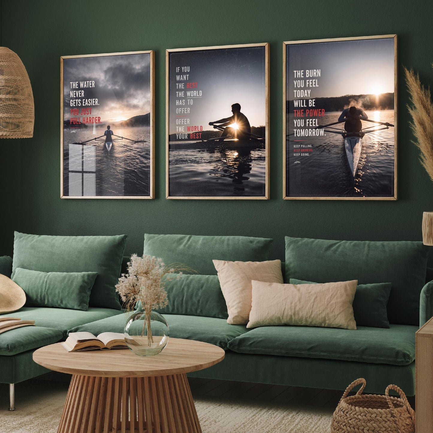 Rowing Motivation Set of Three Prints - 3 Inspirational Quote Posters - Rower Sunrise Photo Wall Art - The Water Never Gets Easier