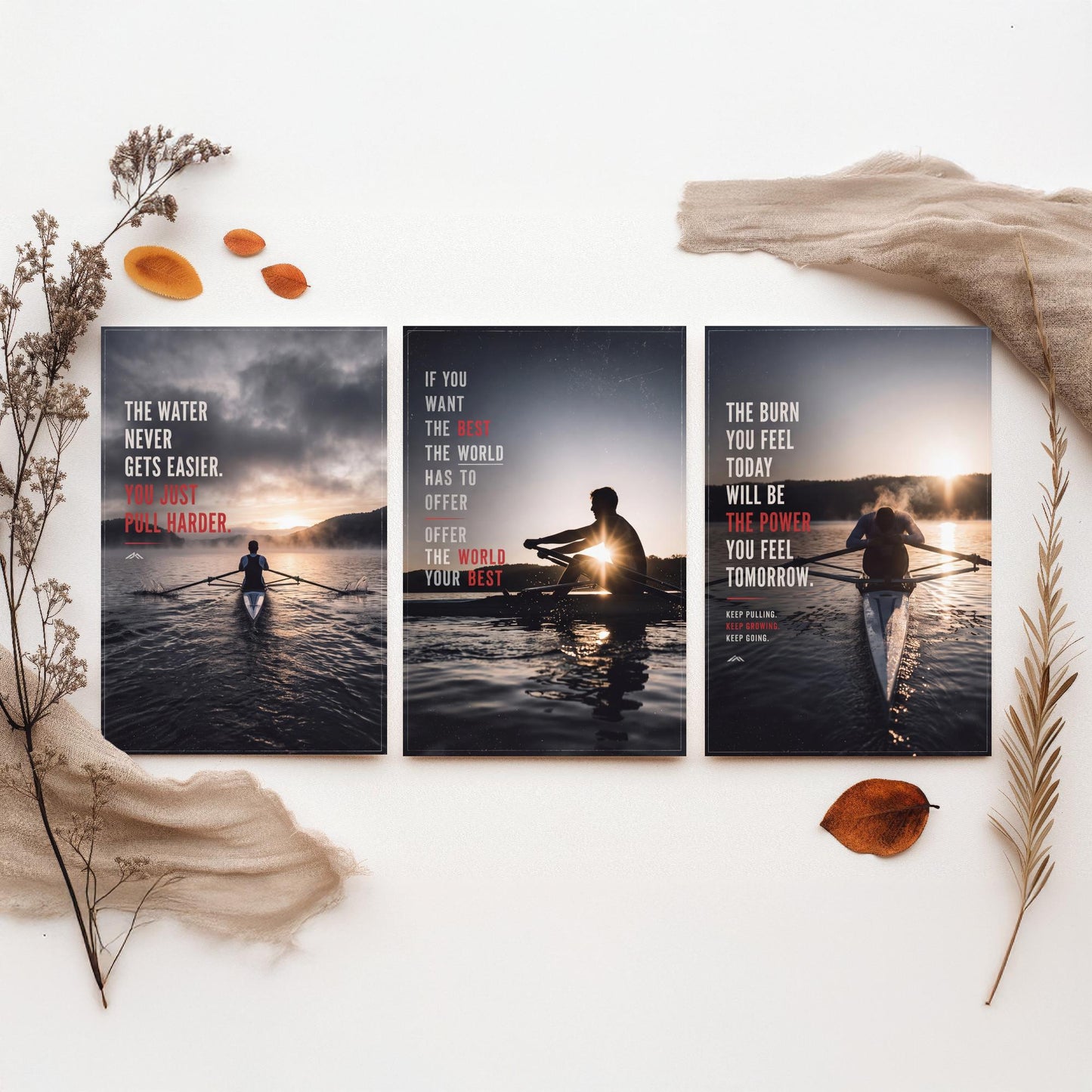 Rowing Motivation Set of Three Prints - 3 Inspirational Quote Posters - Rower Sunrise Photo Wall Art - The Water Never Gets Easier