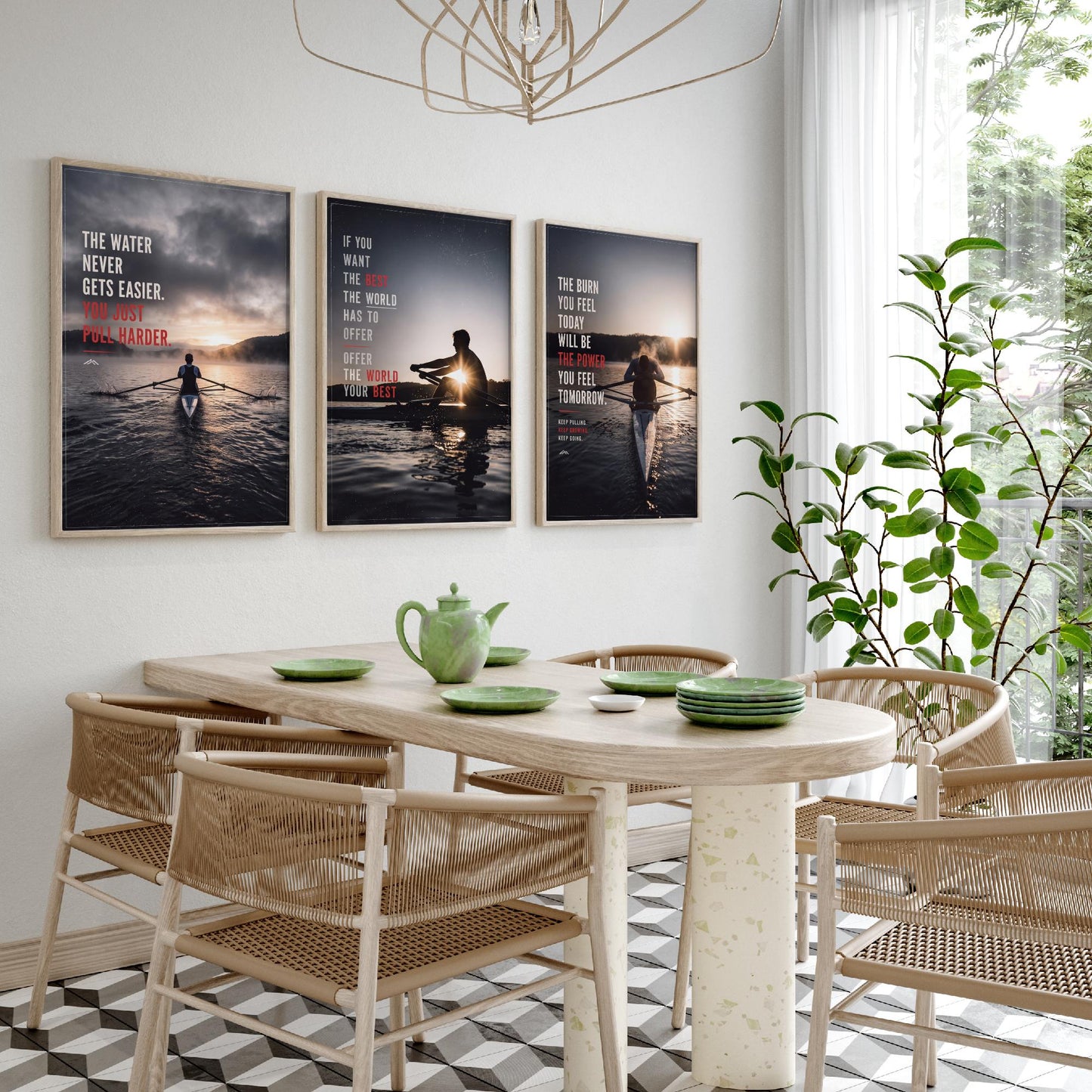 Rowing Motivation Set of Three Prints - 3 Inspirational Quote Posters - Rower Sunrise Photo Wall Art - The Water Never Gets Easier
