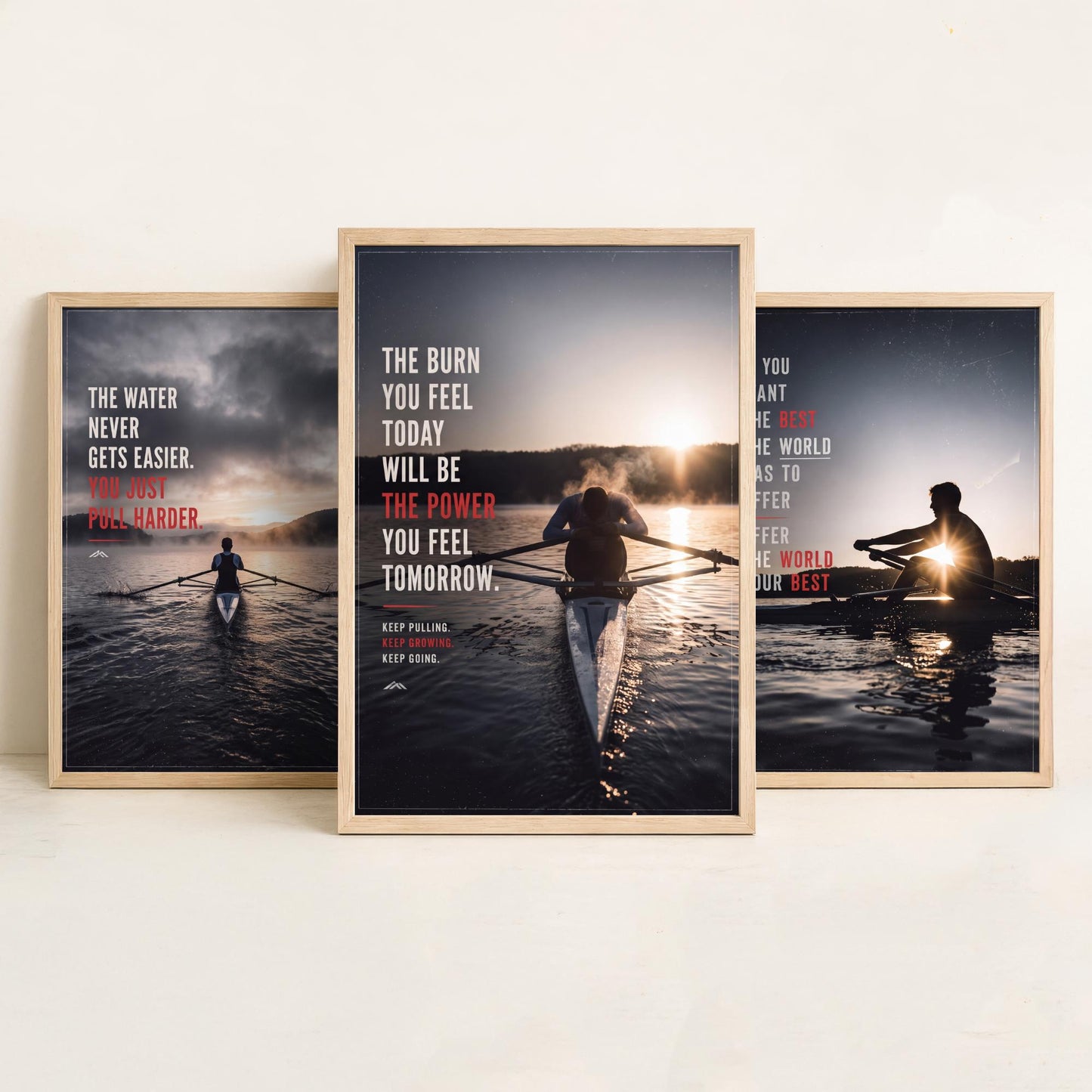 Rowing Motivation Set of Three Prints - 3 Inspirational Quote Posters - Rower Sunrise Photo Wall Art - The Water Never Gets Easier