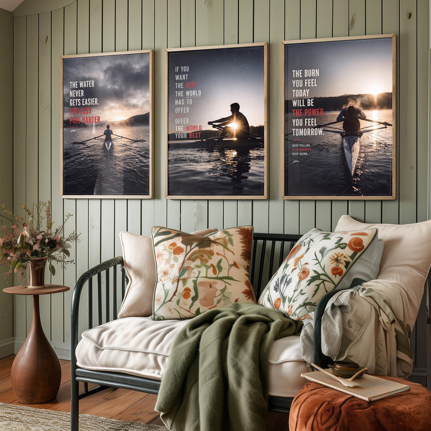 Rowing Motivation Set of Three Prints - 3 Inspirational Quote Posters - Rower Sunrise Photo Wall Art - The Water Never Gets Easier