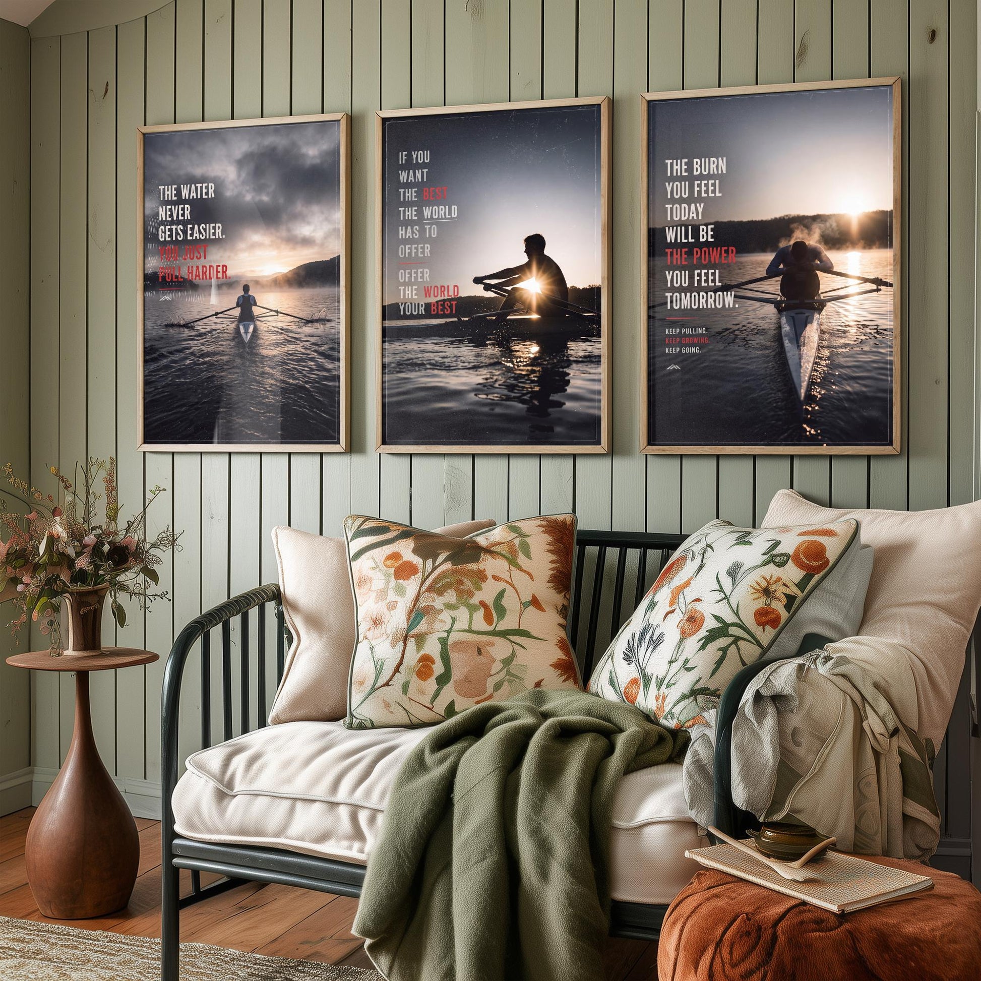 Rowing Motivation Set of Three Prints - 3 Inspirational Quote Posters - Rower Sunrise Photo Wall Art - The Water Never Gets Easier