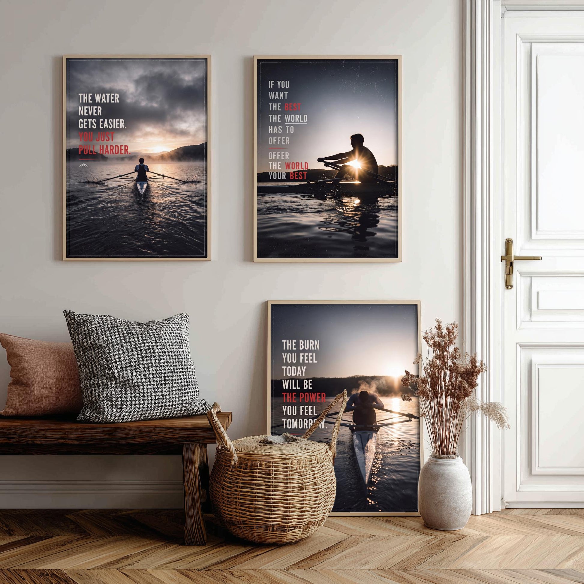 Rowing Motivation Set of Three Prints - 3 Inspirational Quote Posters - Rower Sunrise Photo Wall Art - The Water Never Gets Easier