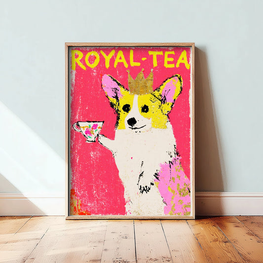 Royal-Tea Corgi Art Print - Crowned Dog with Teacup Poster - Hot Pink Oil Pastel Style Illustration