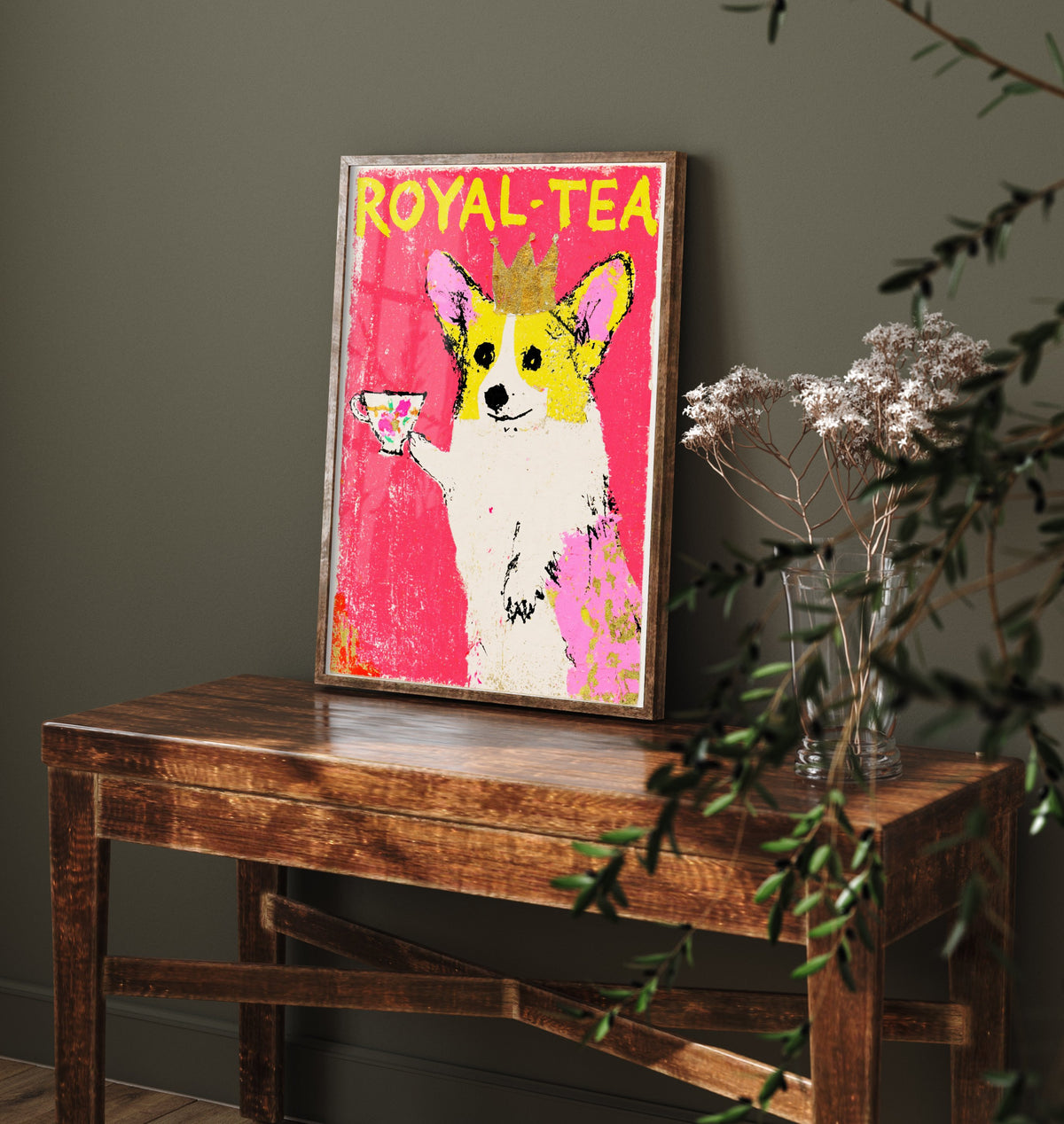 Royal-Tea Corgi Art Print - Crowned Dog with Teacup Poster - Hot Pink Oil Pastel Style Illustration