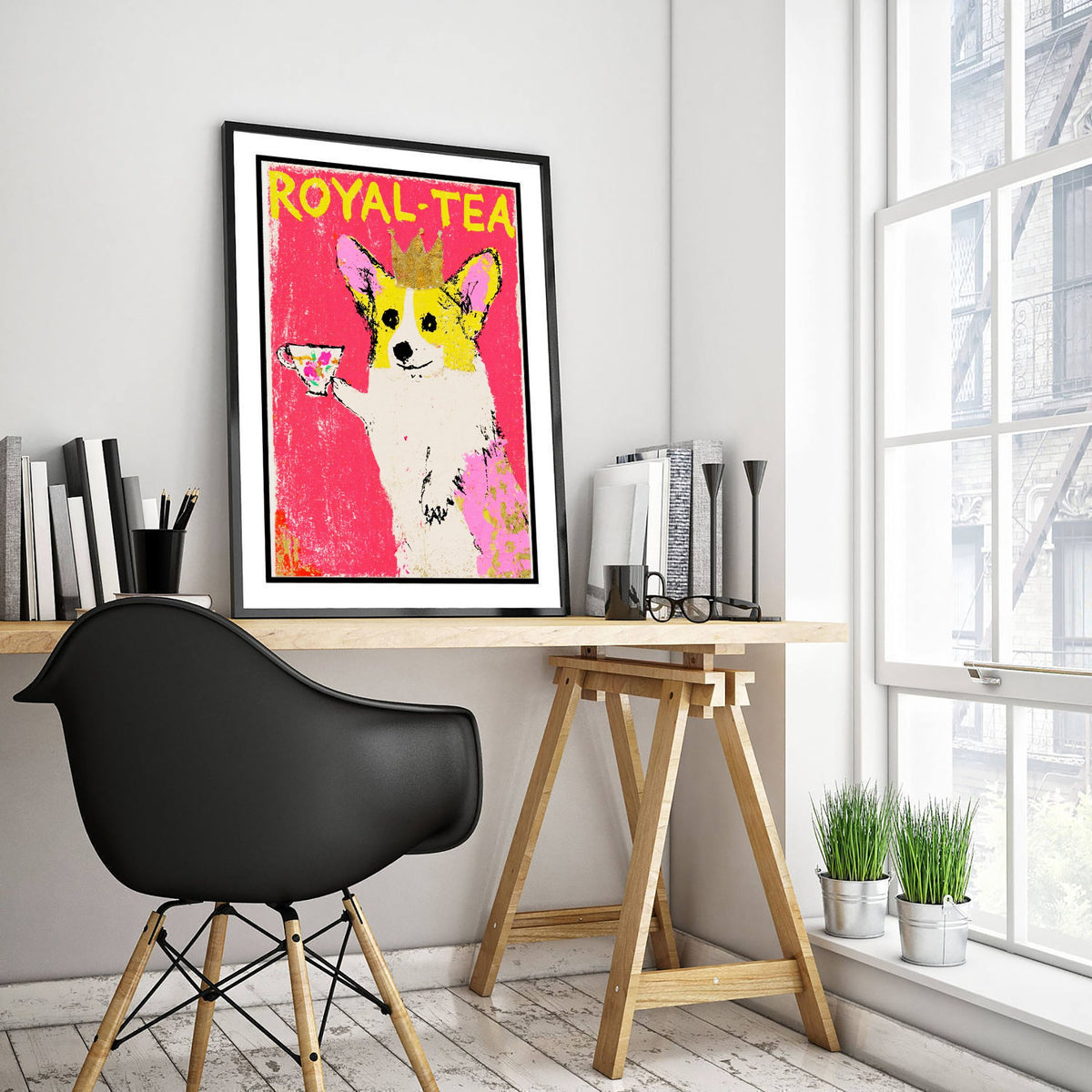 Royal-Tea Corgi Art Print - Crowned Dog with Teacup Poster - Hot Pink Oil Pastel Style Illustration
