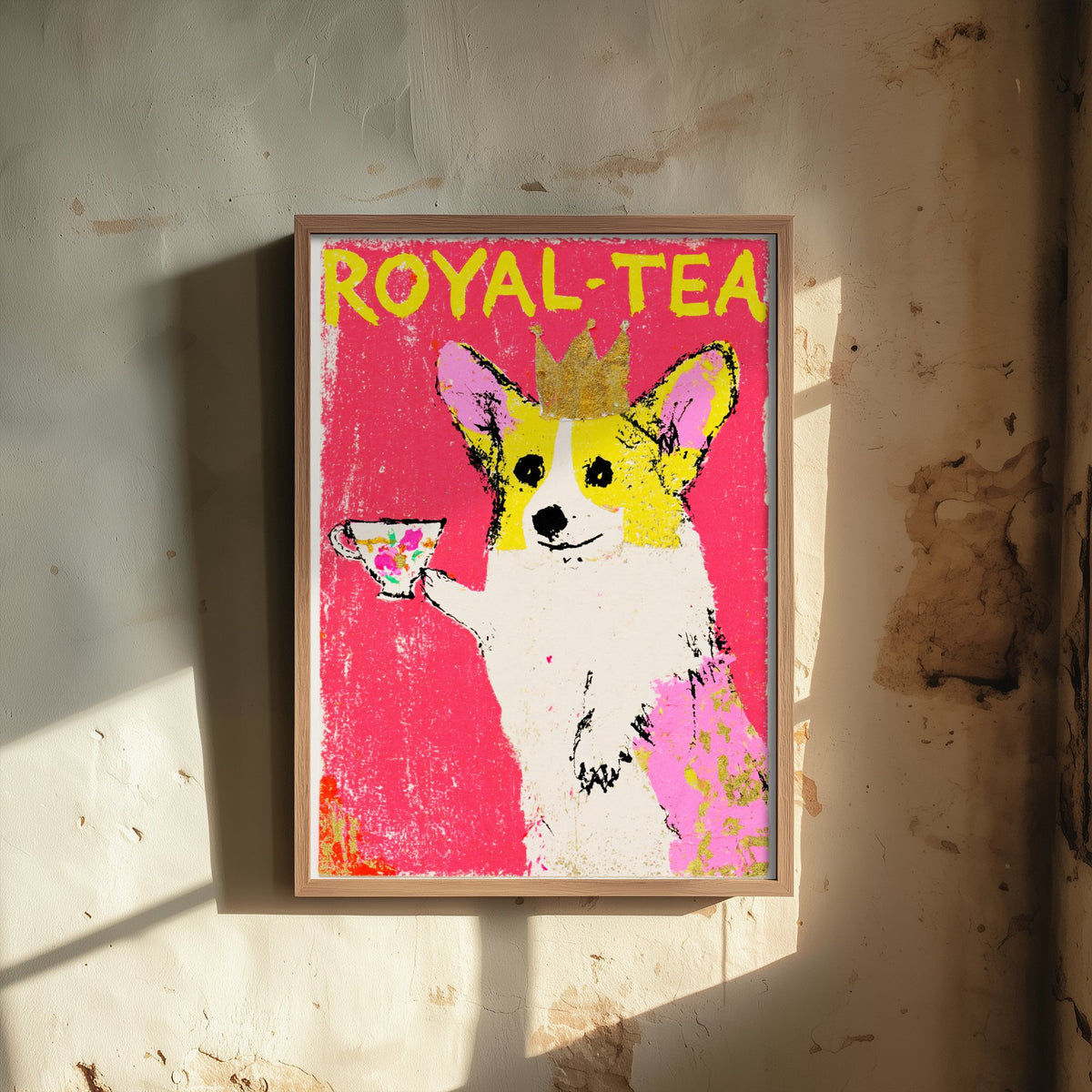 Royal-Tea Corgi Art Print - Crowned Dog with Teacup Poster - Hot Pink Oil Pastel Style Illustration