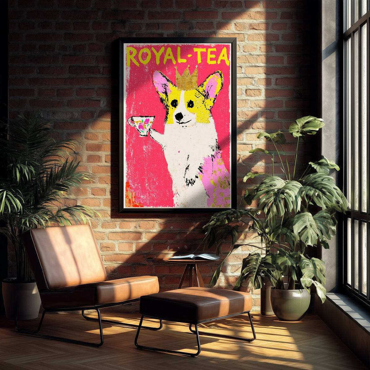Royal-Tea Corgi Art Print - Crowned Dog with Teacup Poster - Hot Pink Oil Pastel Style Illustration