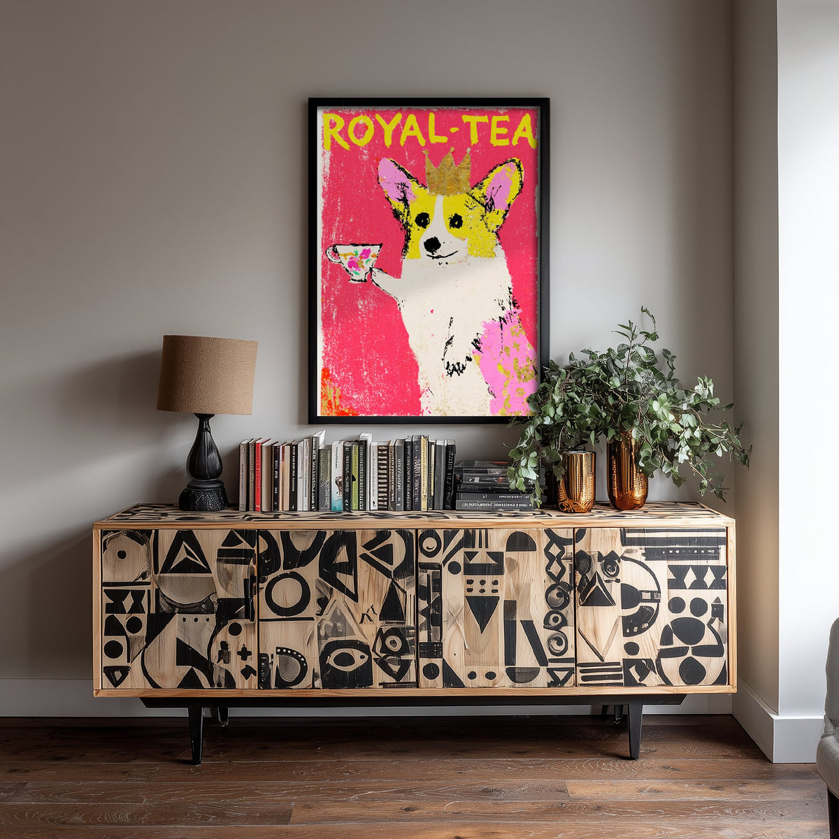 Royal-Tea Corgi Art Print - Crowned Dog with Teacup Poster - Hot Pink Oil Pastel Style Illustration