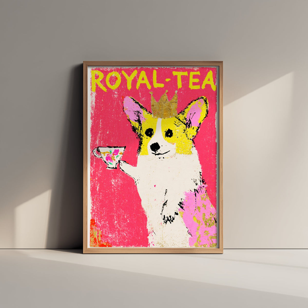 Royal-Tea Corgi Art Print - Crowned Dog with Teacup Poster - Hot Pink Oil Pastel Style Illustration
