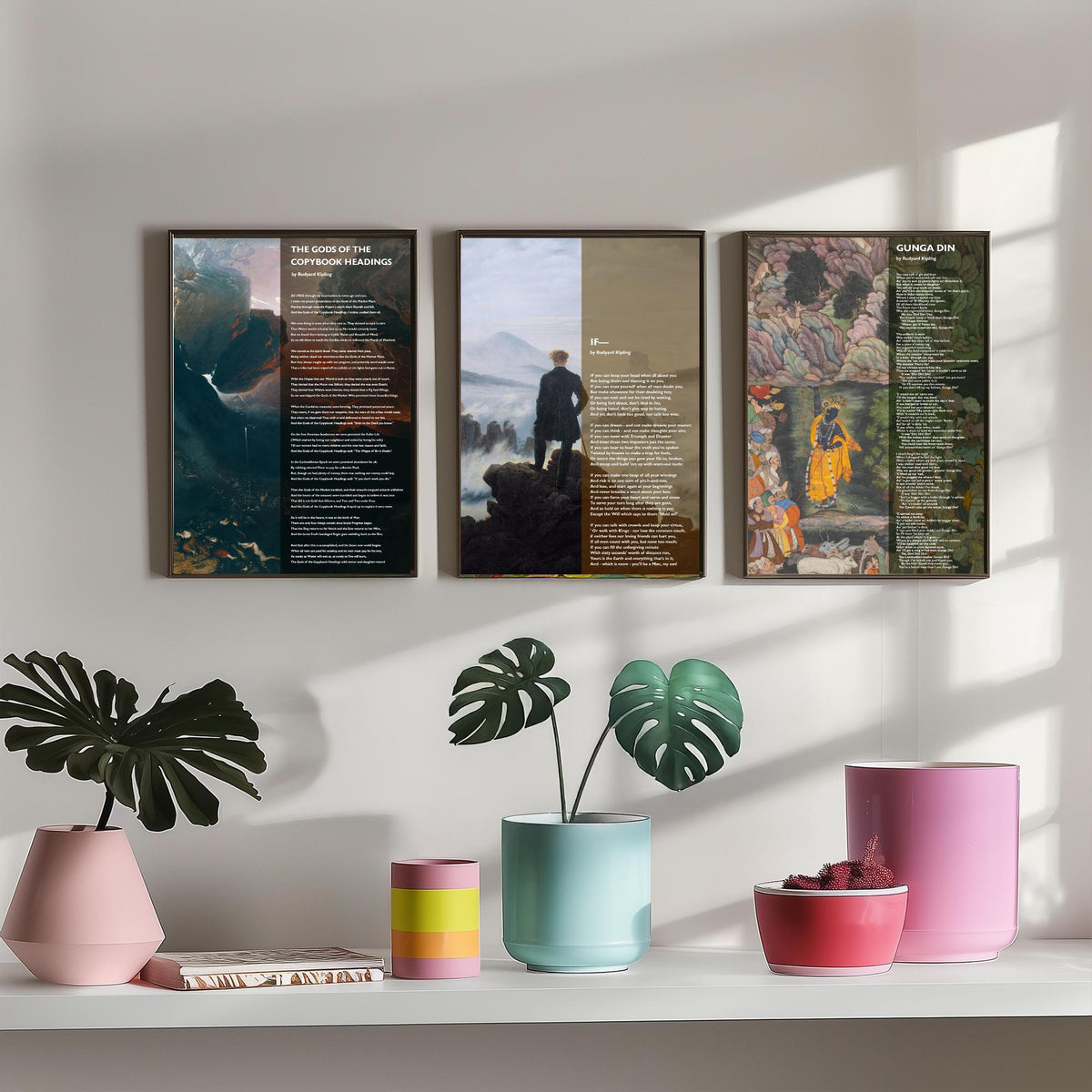 Rudyard Kipling Poems Set of Three Art Prints - The Gods of the Copybook Headings, If, Gunga Din - Poetry over Painting Poster