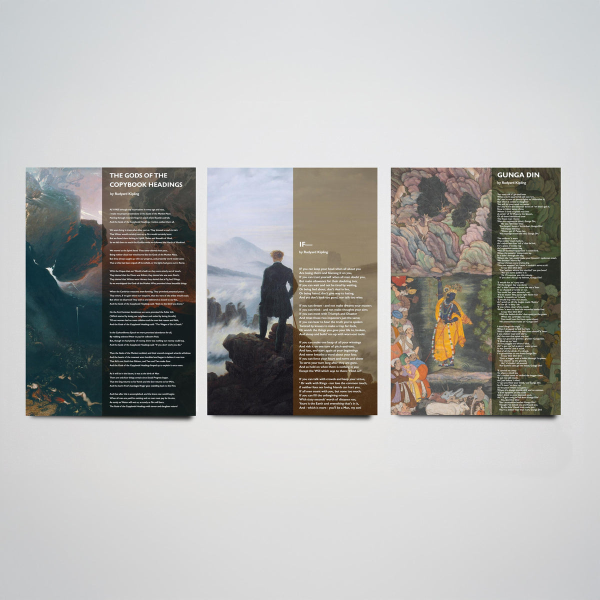 Rudyard Kipling Poems Set of Three Art Prints - The Gods of the Copybook Headings, If, Gunga Din - Poetry over Painting Poster
