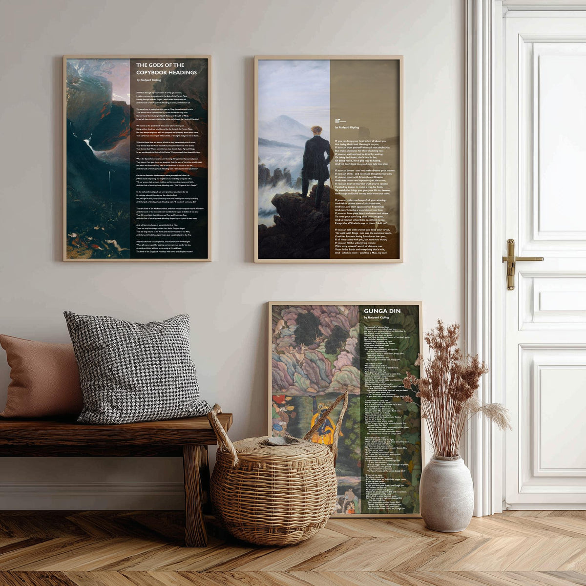 Rudyard Kipling Poems Set of Three Art Prints - The Gods of the Copybook Headings, If, Gunga Din - Poetry over Painting Poster