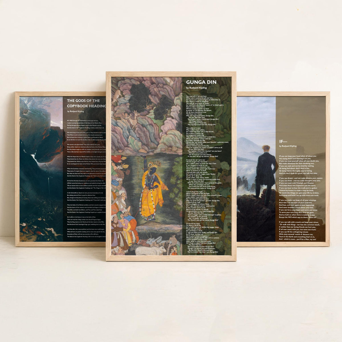 Rudyard Kipling Poems Set of Three Art Prints - The Gods of the Copybook Headings, If, Gunga Din - Poetry over Painting Poster