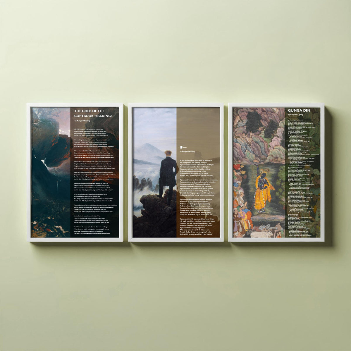 Rudyard Kipling Poems Set of Three Art Prints - The Gods of the Copybook Headings, If, Gunga Din - Poetry over Painting Poster