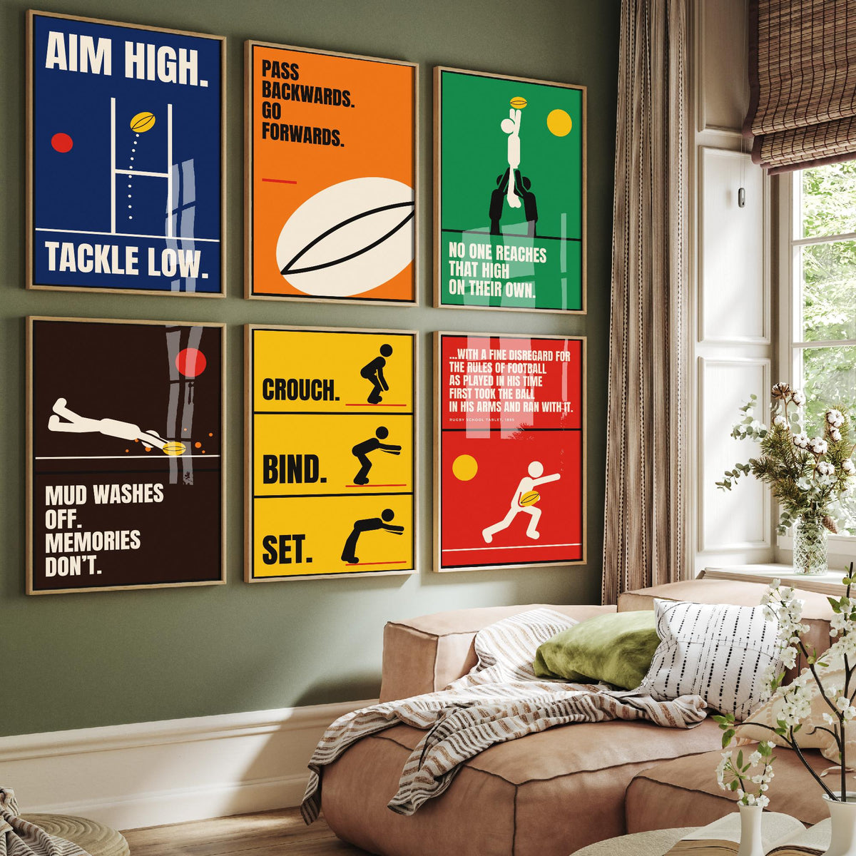 Set of Six Rugby Quote Art Prints - 6 Bauhaus Rugby Union Posters - Minimalist Sport Illustration - Posts, Lineout, Scrum