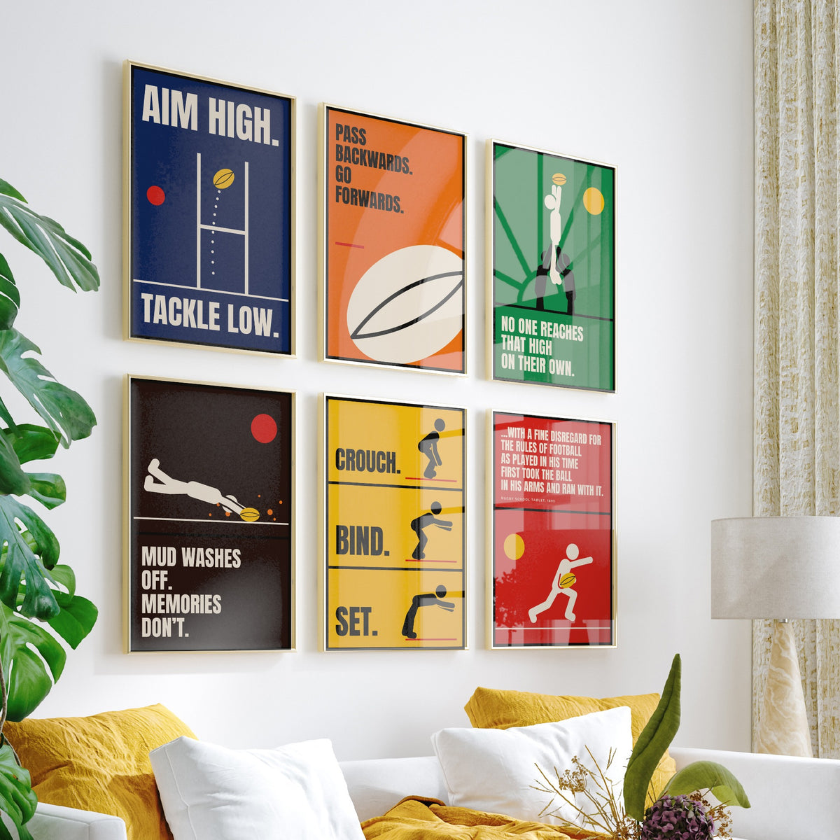 Set of Six Rugby Quote Art Prints - 6 Bauhaus Rugby Union Posters - Minimalist Sport Illustration - Posts, Lineout, Scrum