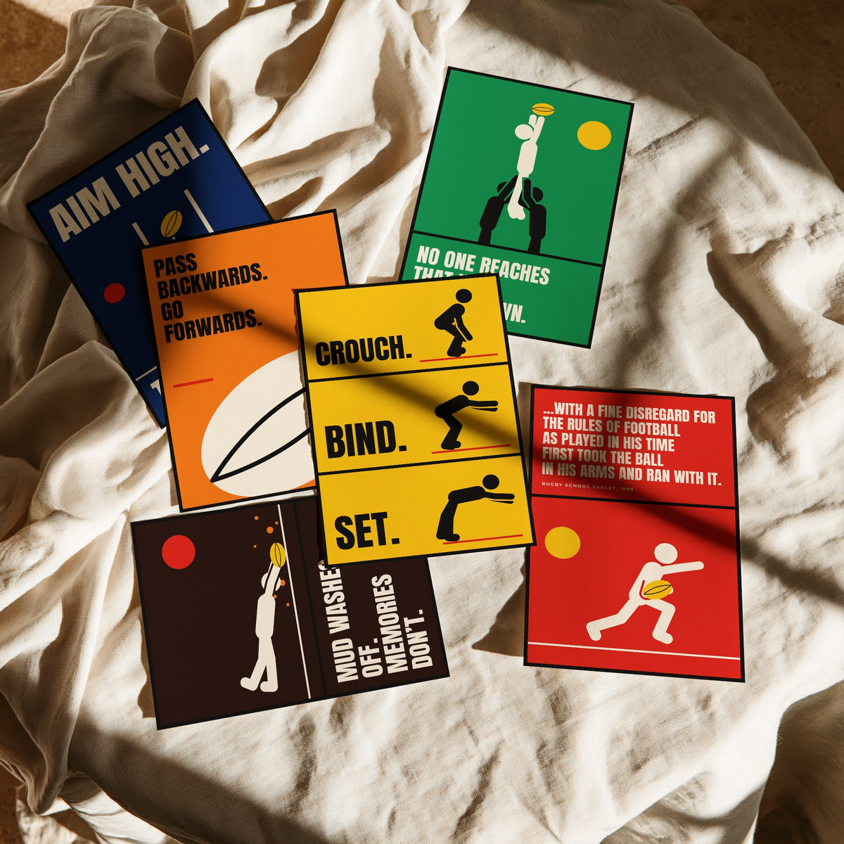 Set of Six Rugby Quote Art Prints - 6 Bauhaus Rugby Union Posters - Minimalist Sport Illustration - Posts, Lineout, Scrum