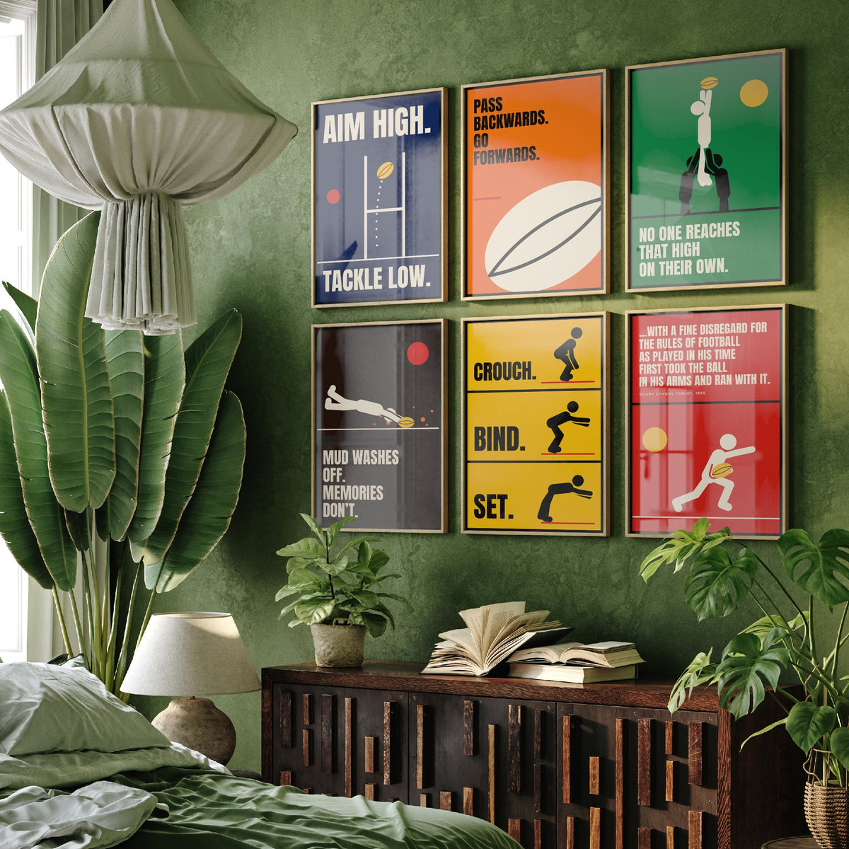Set of Six Rugby Quote Art Prints - 6 Bauhaus Rugby Union Posters - Minimalist Sport Illustration - Posts, Lineout, Scrum