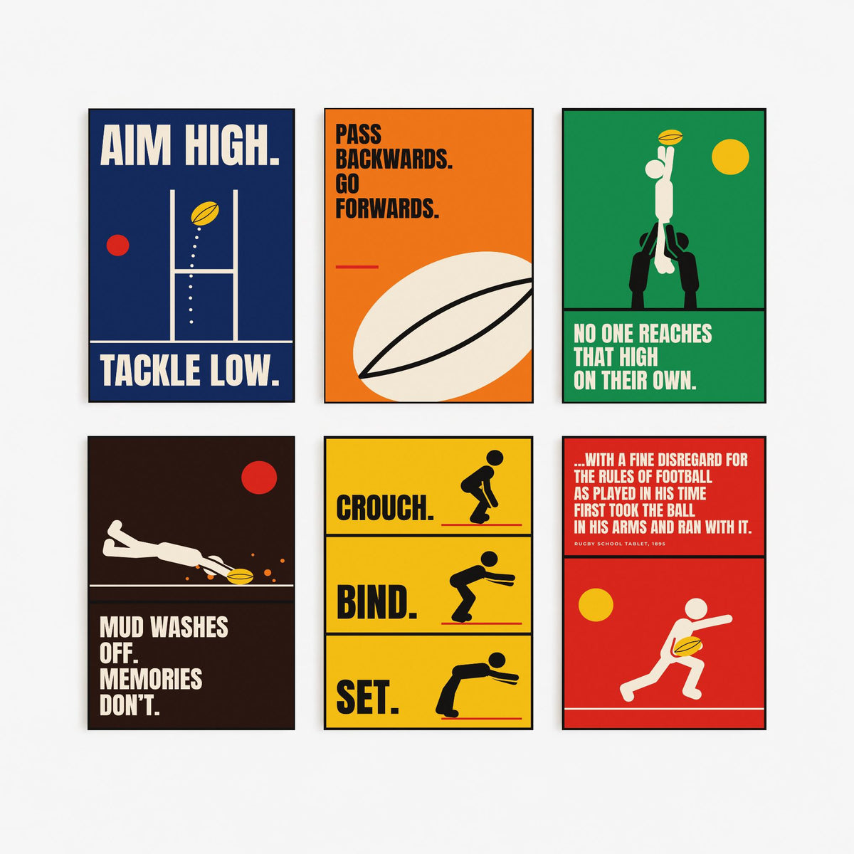 Set of Six Rugby Quote Art Prints - 6 Bauhaus Rugby Union Posters - Minimalist Sport Illustration - Posts, Lineout, Scrum