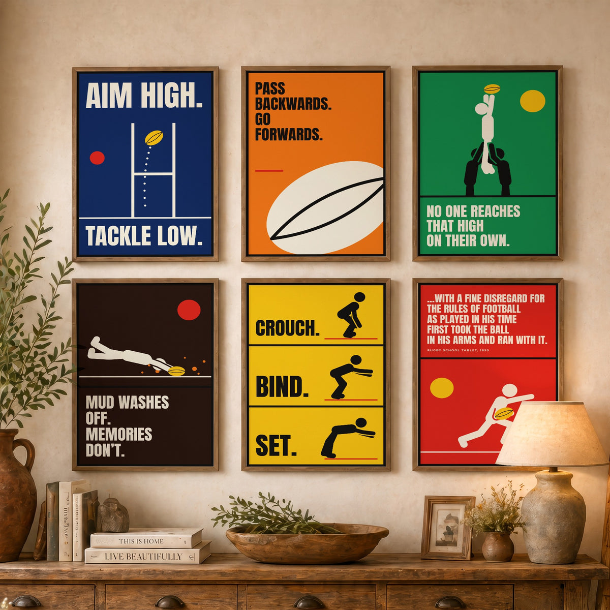 Set of Six Rugby Quote Art Prints - 6 Bauhaus Rugby Union Posters - Minimalist Sport Illustration - Posts, Lineout, Scrum