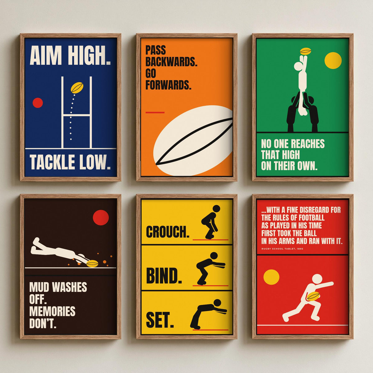 Set of Six Rugby Quote Art Prints - 6 Bauhaus Rugby Union Posters - Minimalist Sport Illustration - Posts, Lineout, Scrum