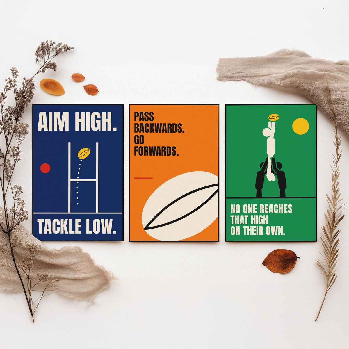 Rugby Quotes Set of Three Art Prints - 3 Bauhaus Rugby Union Posters - Minimalist Sport Wall Art Illustration V1