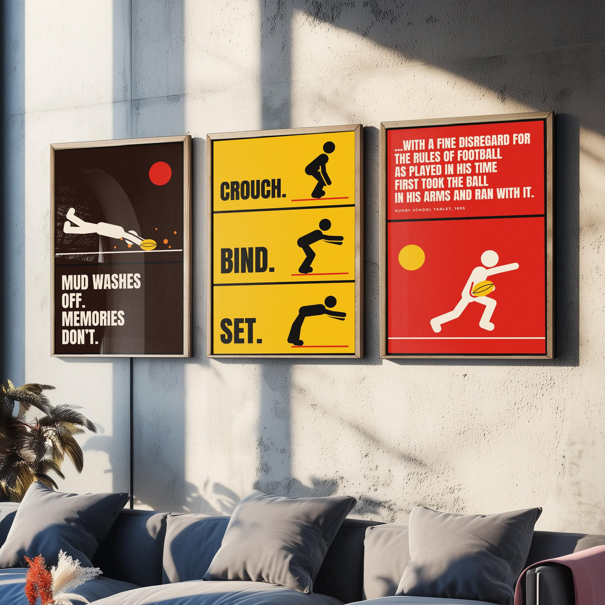 Rugby Quotes Set of Three Art Prints - 3 Retro Bauhaus Rugby Union Posters - Minimalist Sport Wall Art Illustration V2
