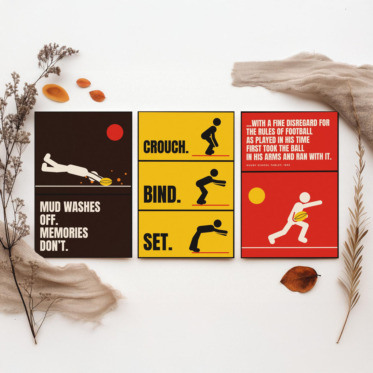 Rugby Quotes Set of Three Art Prints - 3 Retro Bauhaus Rugby Union Posters - Minimalist Sport Wall Art Illustration V2