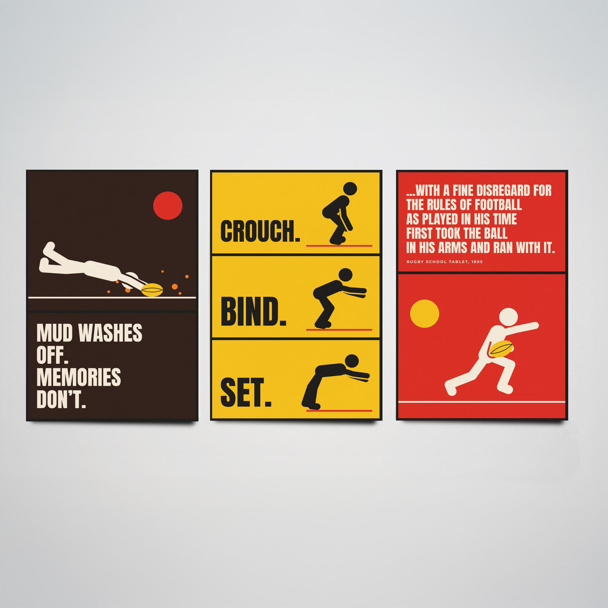 Rugby Quotes Set of Three Art Prints - 3 Retro Bauhaus Rugby Union Posters - Minimalist Sport Wall Art Illustration V2