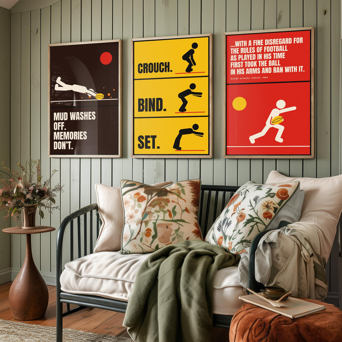 Rugby Quotes Set of Three Art Prints - 3 Retro Bauhaus Rugby Union Posters - Minimalist Sport Wall Art Illustration V2